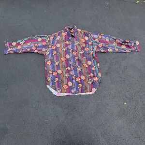 Vintage Silk Society Silk Shirt‎ Crest Medallion Stripe Mens Medium Button Up